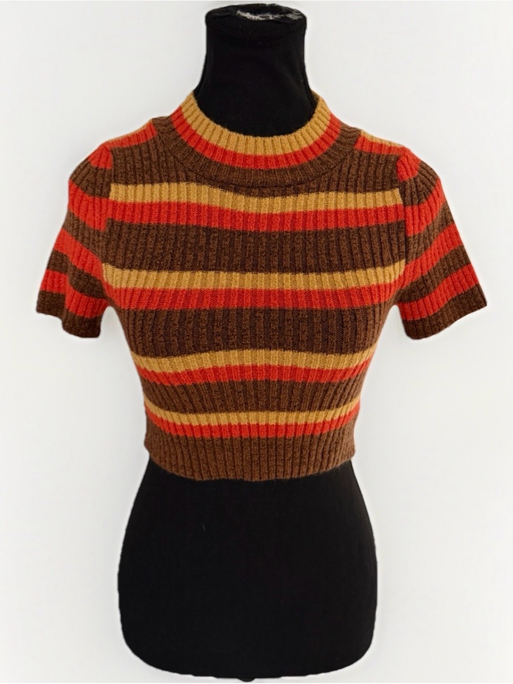 Debut Ribbed Striped Mock Neck Crop Sweater Top